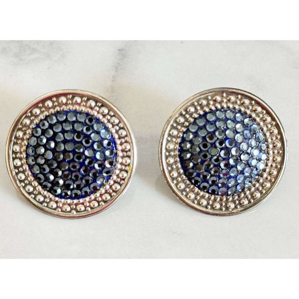 Vintage Richard Kerr Large Clip On Blue Pave Rhinestone Earrings Silver Tone